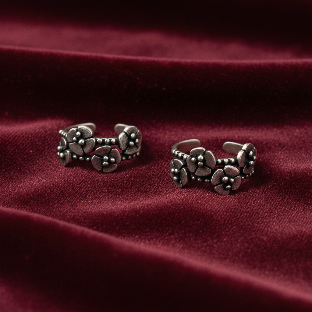 92.5 Silver Oxidised Flower Toe Rings | Stylish Vintage Floral Design | Jewellery