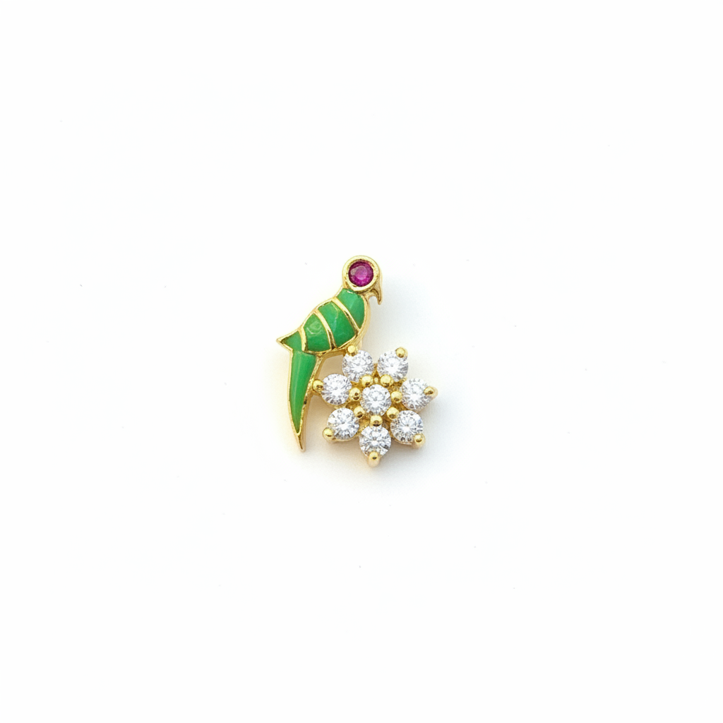 92.5 Sterling Silver Gold Plated Green Enamel Parrot CZ Daisy Flower Nose Pin