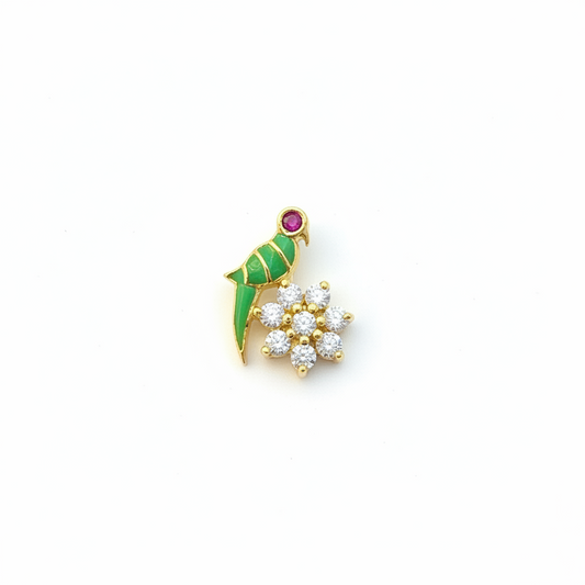 92.5 Sterling Silver Gold Plated Green Enamel Parrot CZ Daisy Flower Nose Pin
