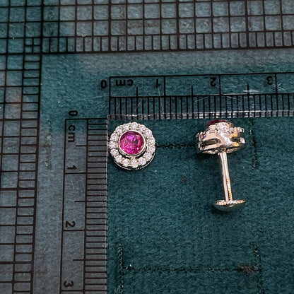 92.5 Sterling Silver Earrings for Women | Round Pink Stone with White Stone Halo pair