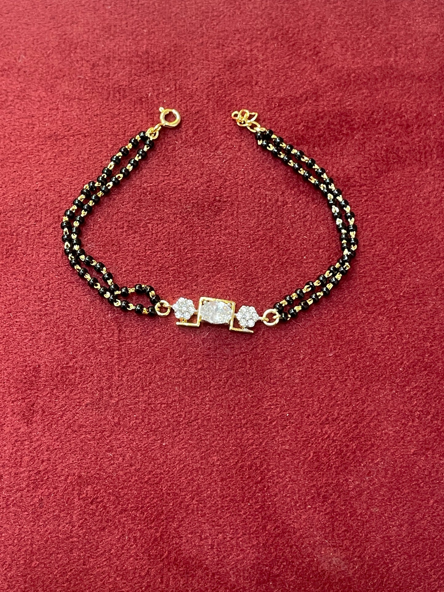 92.5 Silver Gold Plated Layered Black Bead Bracelet for Women | Double Line Elegant Traditional Design