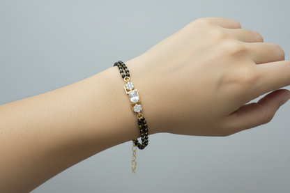 92.5 Silver Gold Plated Layered Black Bead Bracelet for Women | Double Line Elegant Traditional Design