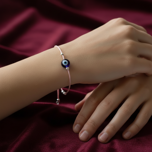 Hand wearing a bracelet with a blue evil eye charm on a light background