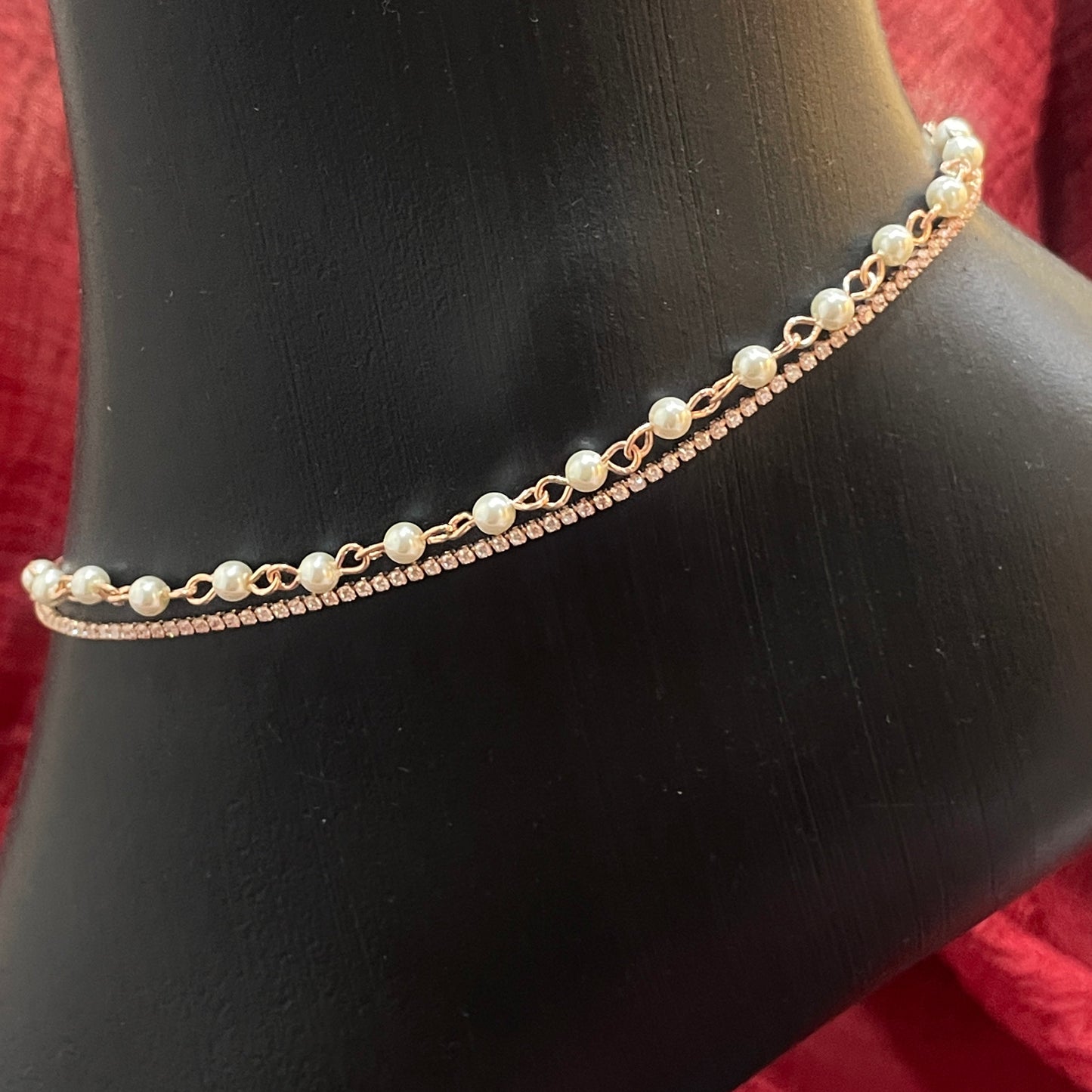 925 Silver Rose Gold Double Layer Pearl & CZ Anklet Pair