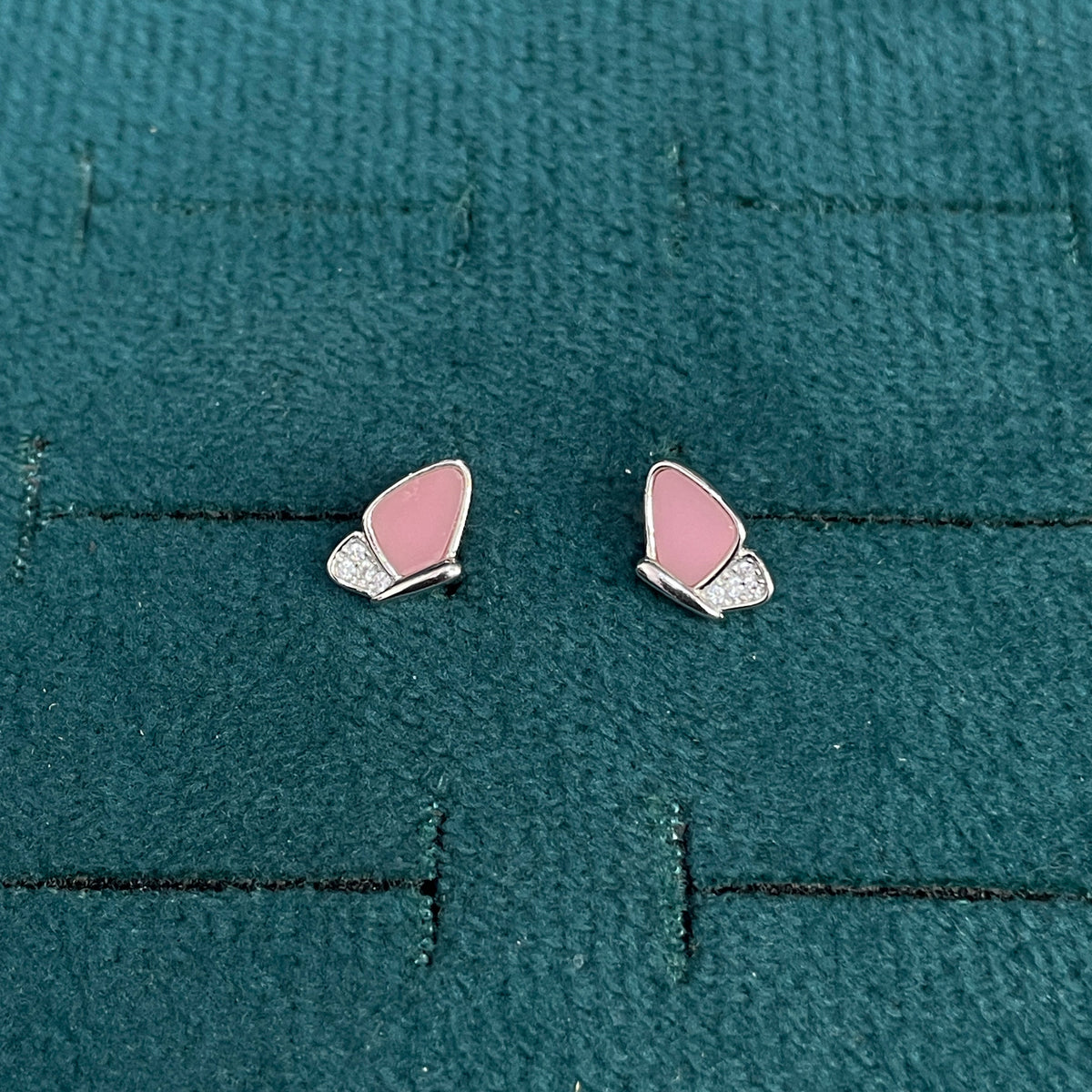 92.5 Silver Pink Mother-of-Pearl Butterfly Stud Earrings Pair