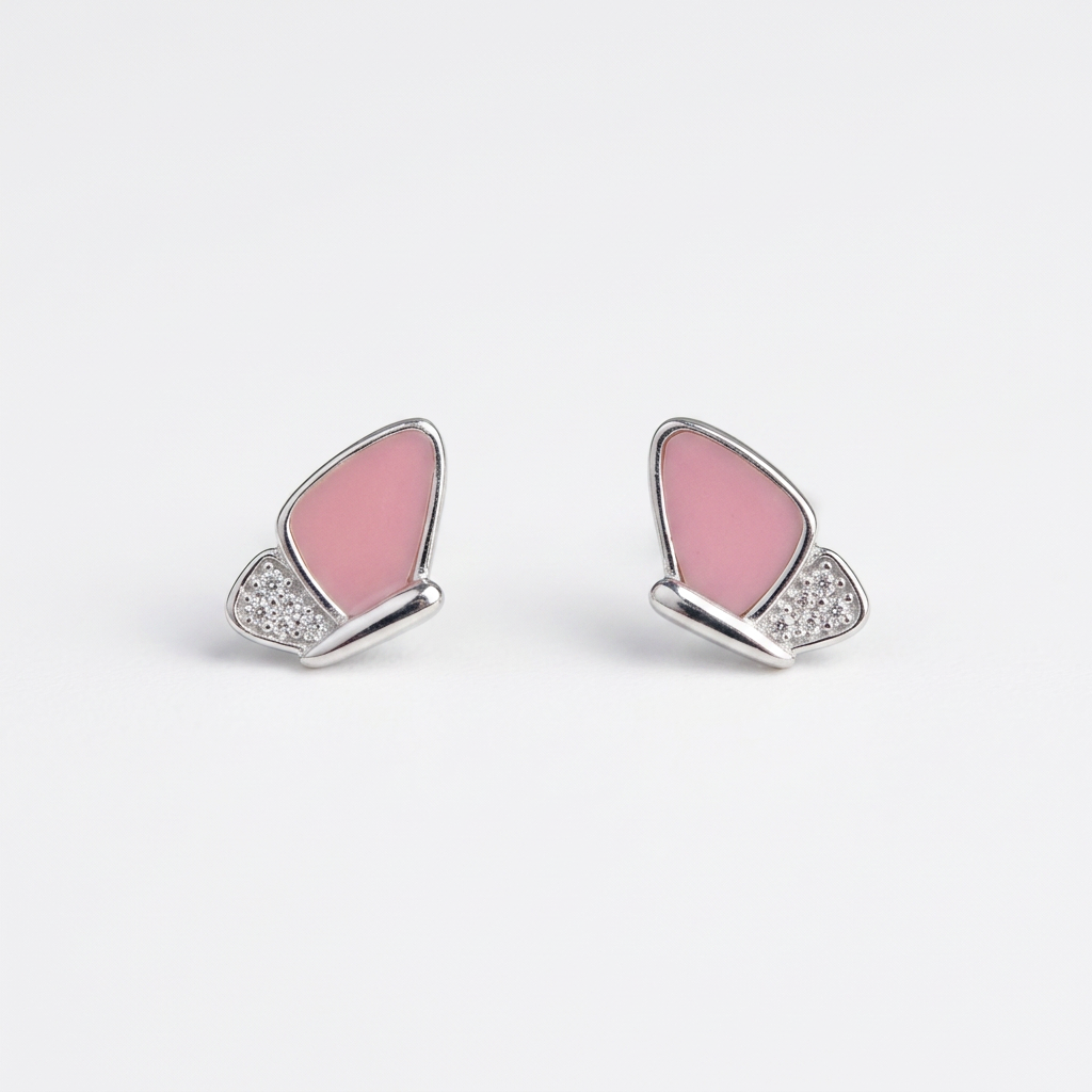 92.5 Silver Pink Mother-of-Pearl Butterfly Stud Earrings Pair