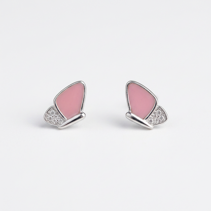 92.5 Silver Pink Mother-of-Pearl Butterfly Stud Earrings Pair