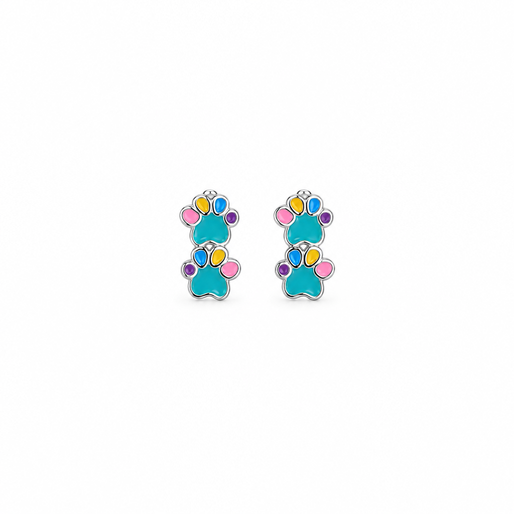92.5 Silver Enamel Paw Print Huggie Hoop Earrings for Girls