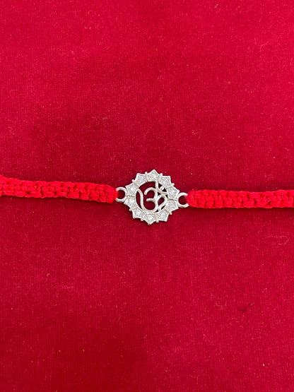 925 Sterling Silver Om Rakhi with CZ Stones | Red Thread Rakhi for Raksha Bandhan