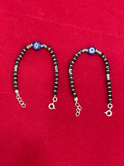 Silver Nazariya Black Bead Bracelet for Kids | Set of 2 with Blue Evil Eye Charm