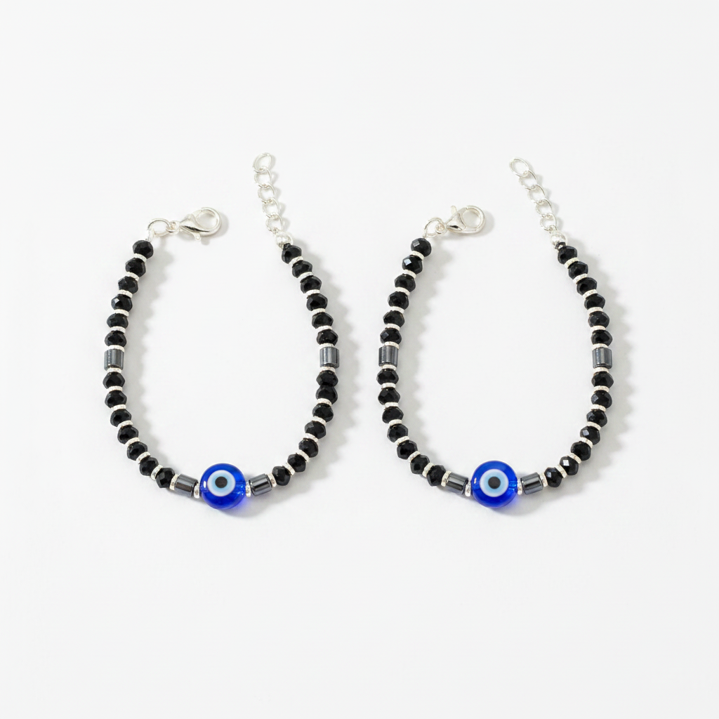 Silver Nazariya Black Bead Bracelet for Kids | Set of 2 with Blue Evil Eye Charm