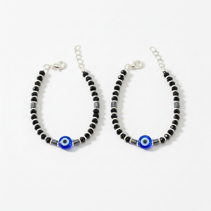 Silver Nazariya Black Bead Bracelet for Kids | Set of 2 with Blue Evil Eye Charm