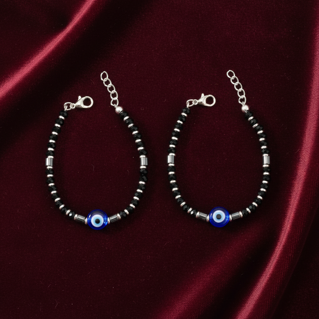 Silver Nazariya Black Bead Bracelet for Kids | Set of 2 with Blue Evil Eye Charm