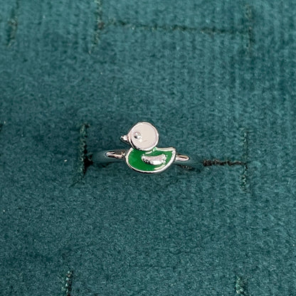 92.5 Sterling Silver White & Green Enamel Duckling Charm Kids Finger Ring — Size 2
