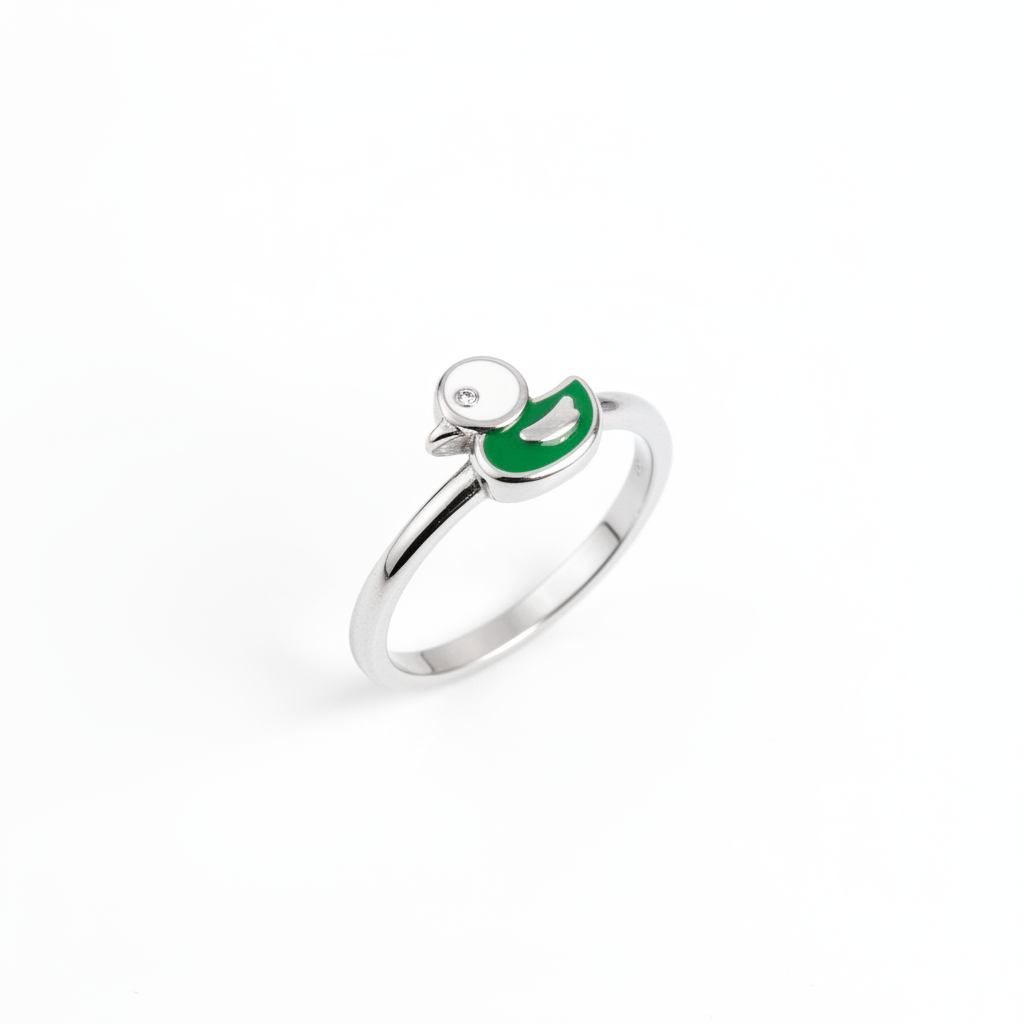92.5 Sterling Silver White & Green Enamel Duckling Charm Kids Finger Ring — Size 2