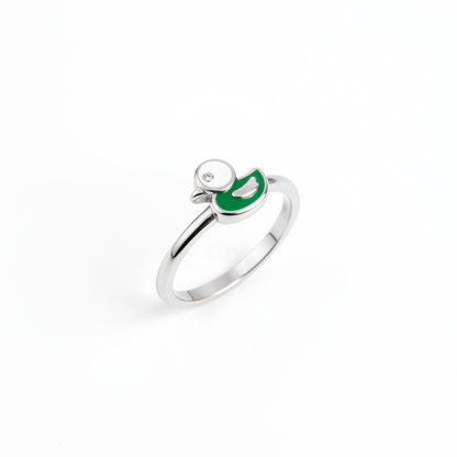92.5 Sterling Silver White & Green Enamel Duckling Charm Kids Finger Ring — Size 2