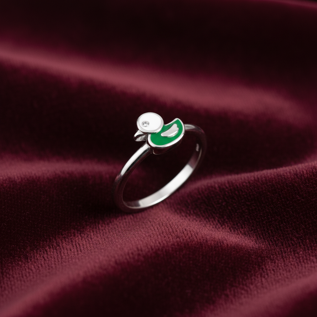 92.5 Sterling Silver White & Green Enamel Duckling Charm Kids Finger Ring — Size 2