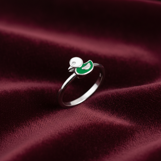 92.5 Sterling Silver White & Green Enamel Duckling Charm Kids Finger Ring — Size 2