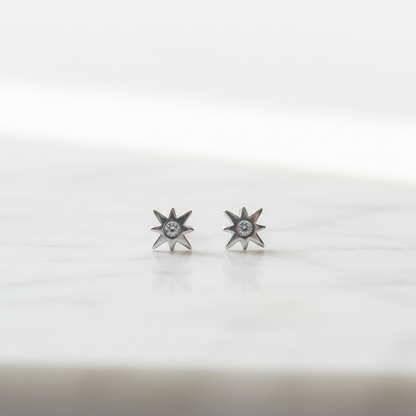 92.5 Sterling Silver Eight-Point North Star Stud Earrings for Women | Tiny CZ Centre Star | Second Piercing Earring Pair