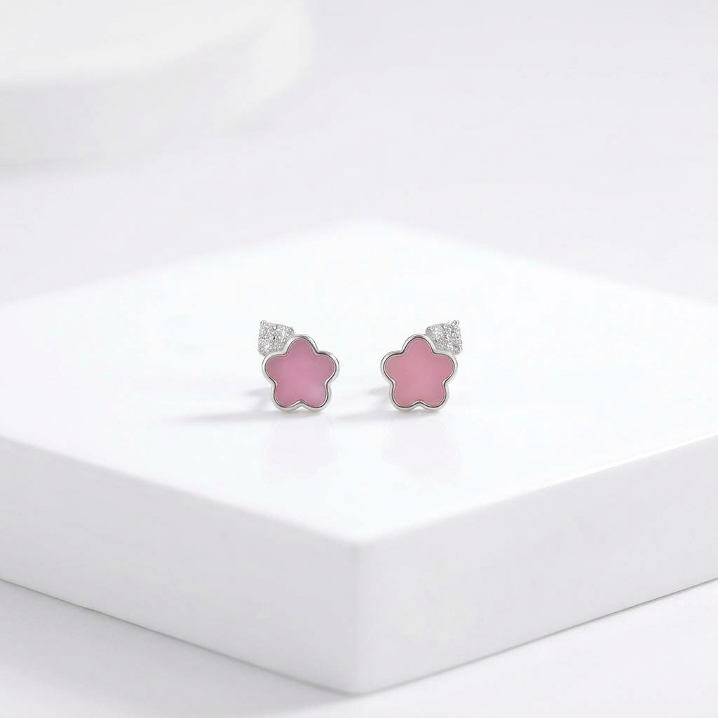 92.5 Silver Pink Mother-of-Pearl Flower Stud Earrings Pair