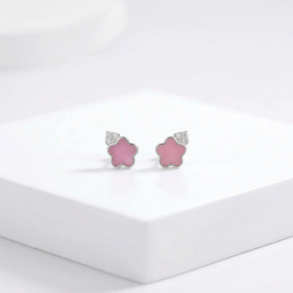 92.5 Silver Pink Mother-of-Pearl Flower Stud Earrings Pair