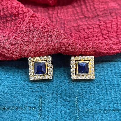 92.5 Silver Gold Plated Earrings for Women | Classy Square Blue Stone Studs pair
