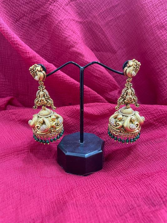 92.5 Silver Gold Plated Lakshmi Devi Jhumka Earrings for Women | Temple Style Design | Festive Jewellery