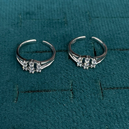 92.5 Sterling Silver CZ Double Row Cluster Open Toe Rings for Women — Pair