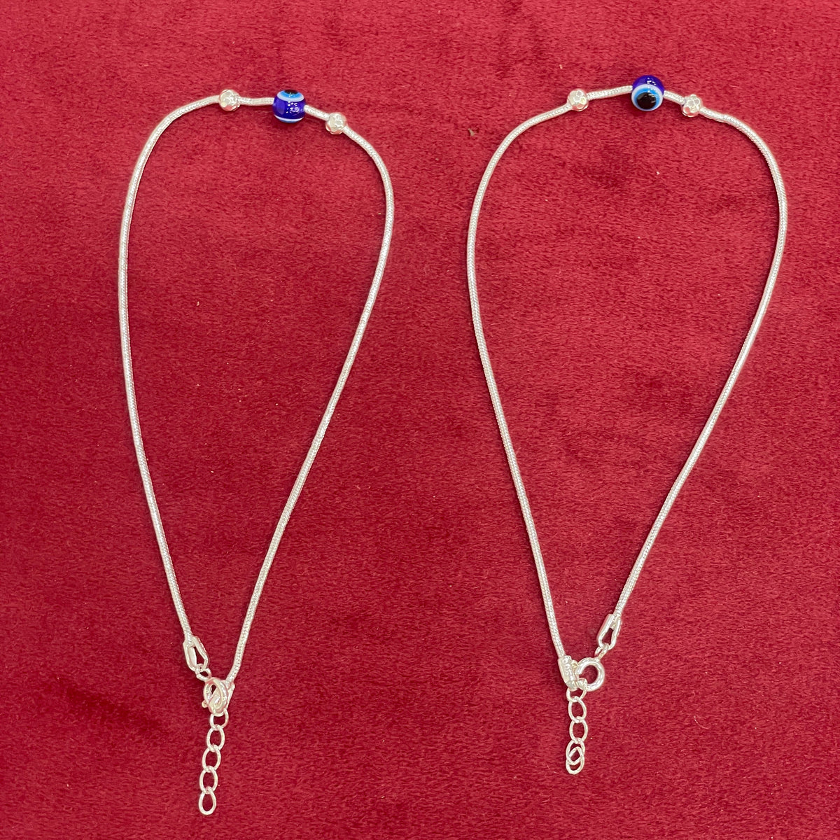 92.5 Sterling Silver Snake Chain Evil Eye Bead & Plain Silver Ball Anklets for Women