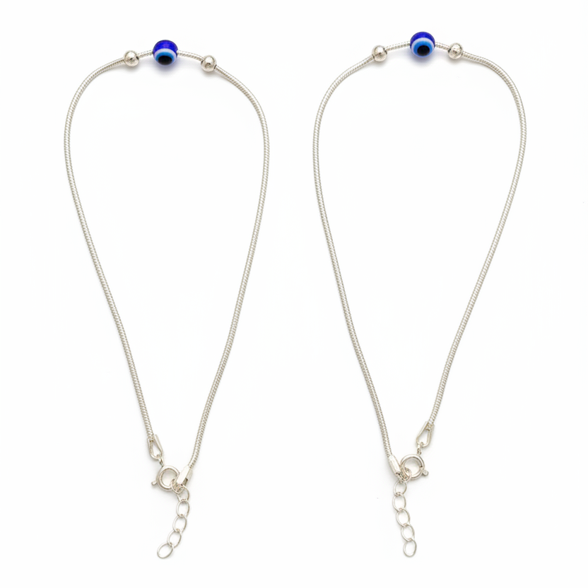 92.5 Sterling Silver Snake Chain Evil Eye Bead & Plain Silver Ball Anklets for Women