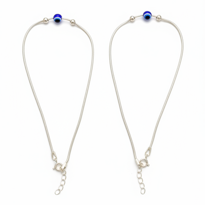 92.5 Sterling Silver Snake Chain Evil Eye Bead & Plain Silver Ball Anklets for Women