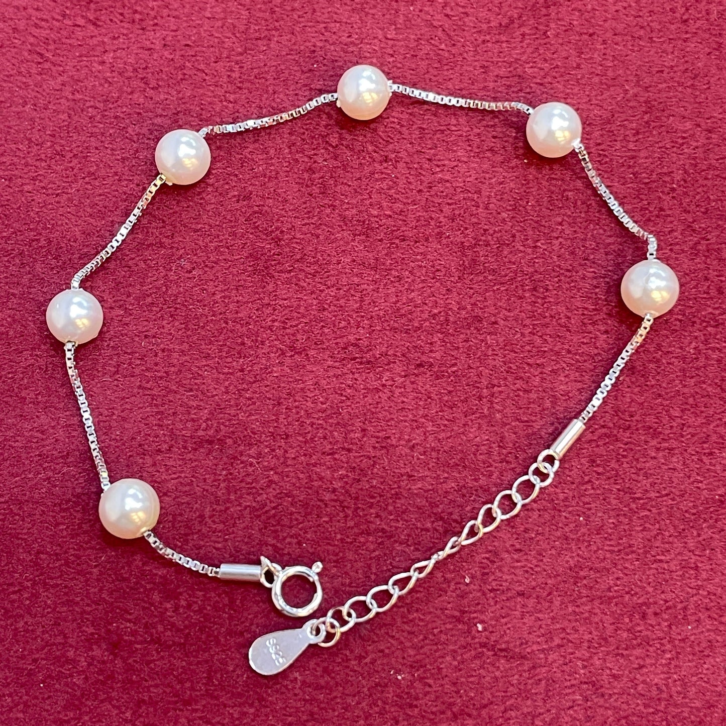 92.5 Sterling Silver Floating Pearl Station Bracelet for Women