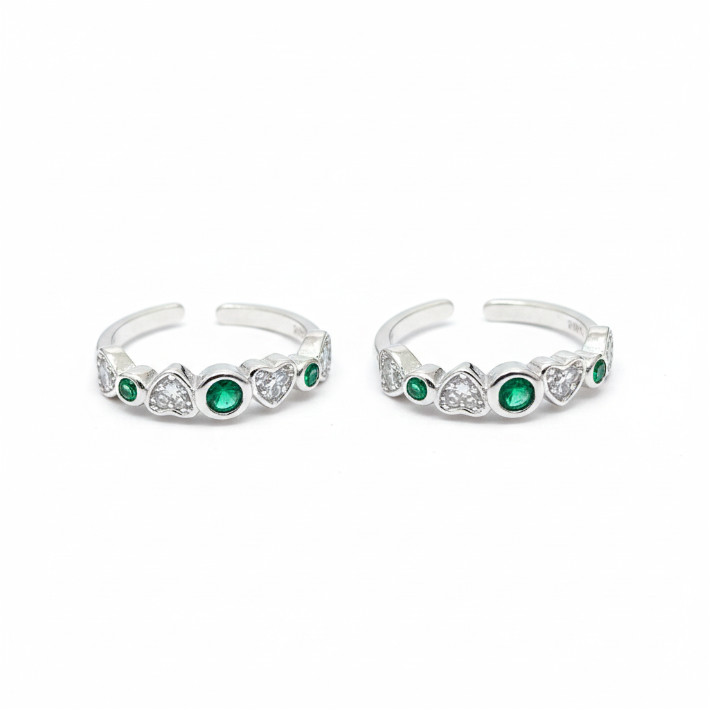92.5 Silver Green & White CZ Eternity Band Toe Rings for Women