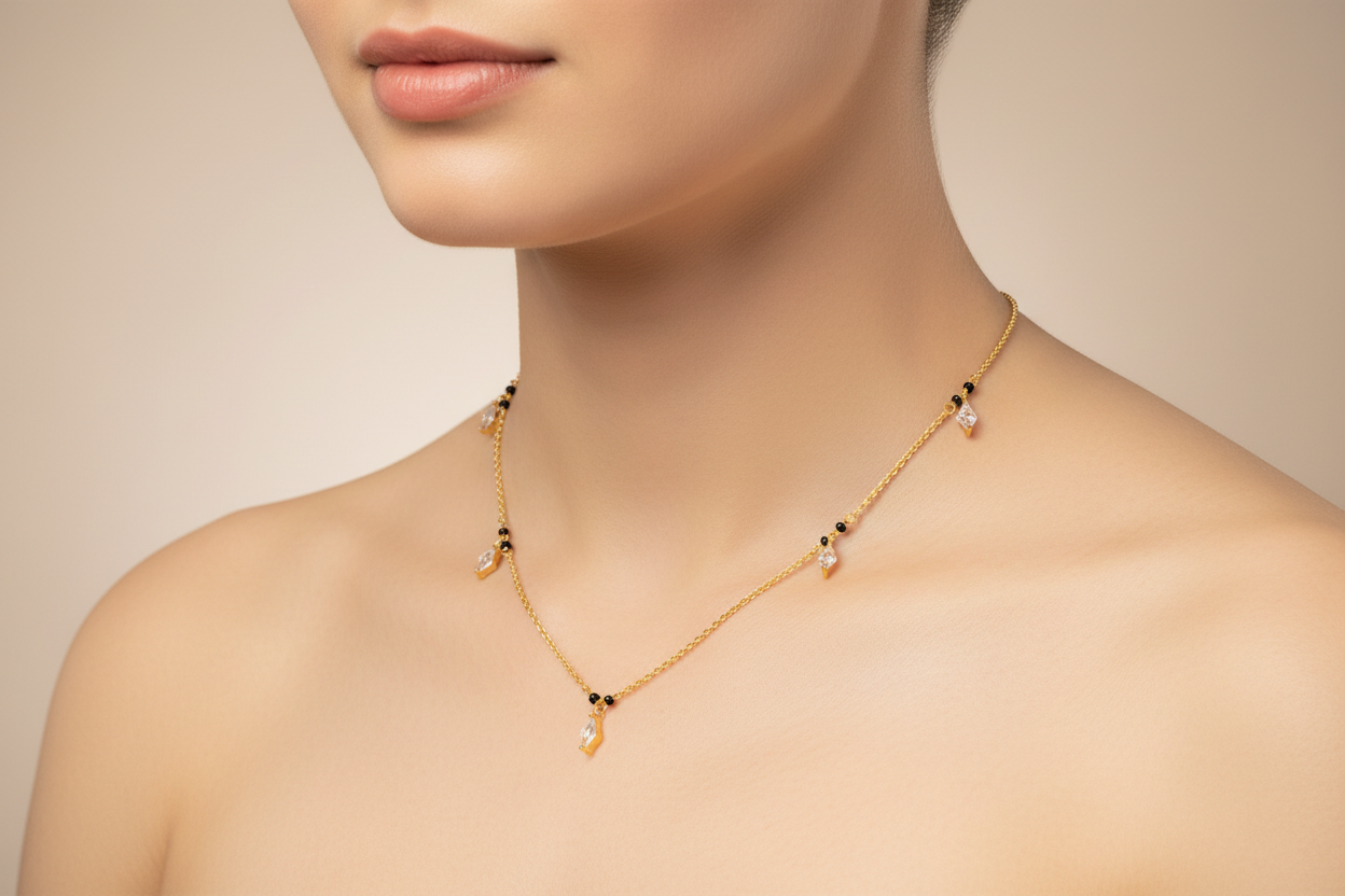 92.5 Silver Gold Plated Charm Black Bead Chain for Women 18 Inches | Stylish Elegant Design | Traditional Jewellery