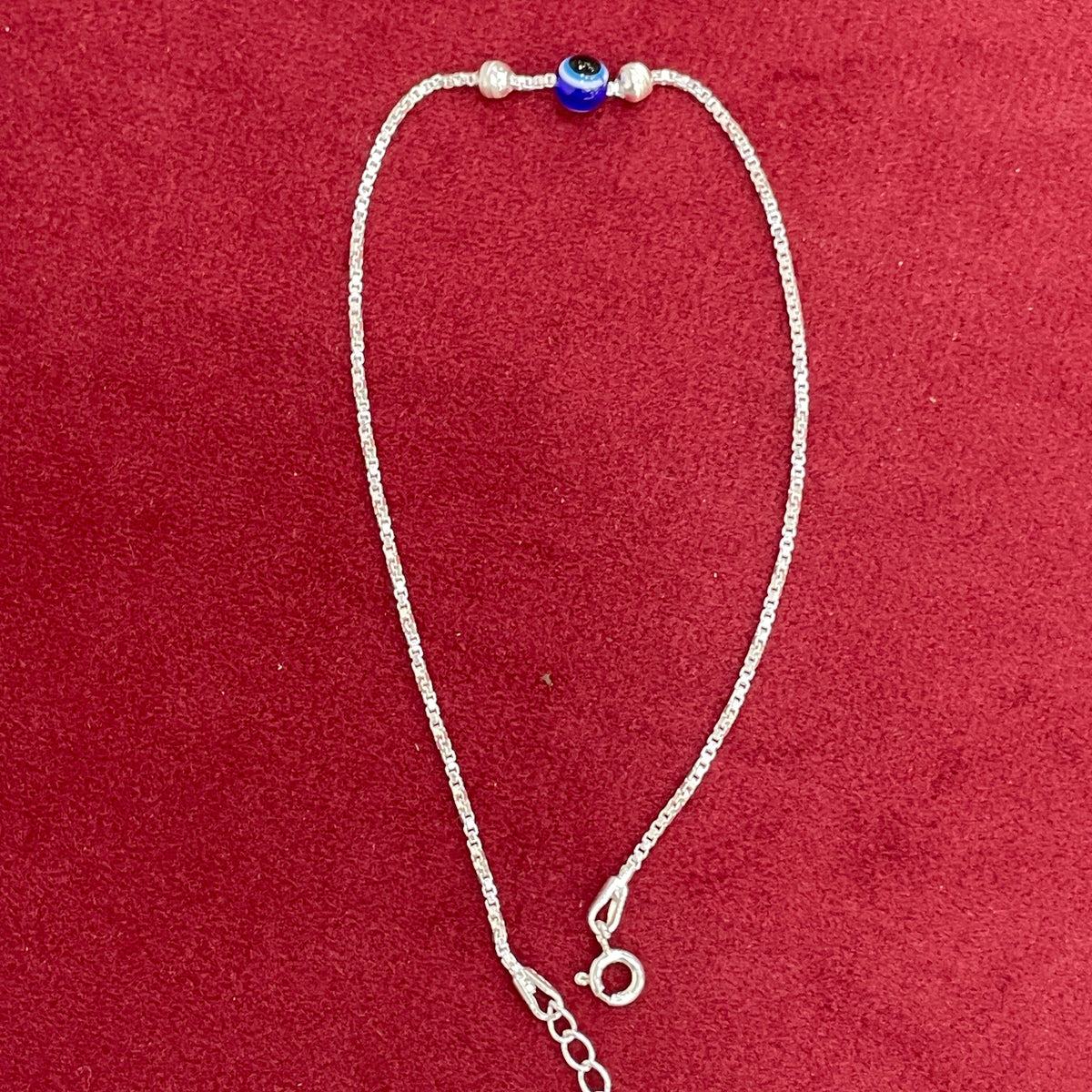 92.5 Sterling Silver Box Chain Evil Eye Bead & Silver Ball Anklets for Women