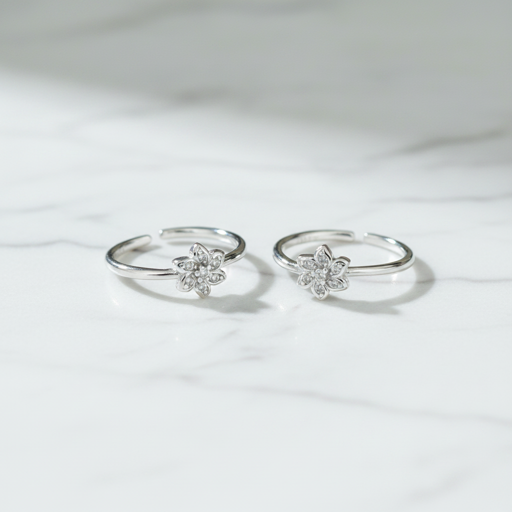92.5 Sterling Silver CZ Flower Toe Rings for Women