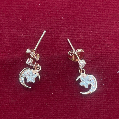Rose Gold Plated 92.5 Sterling Silver CZ Star & Crescent Moon Drop Earrings for Women | Pear CZ Stud with Pavé Moon Dangle | Second Piercing Earring Pair