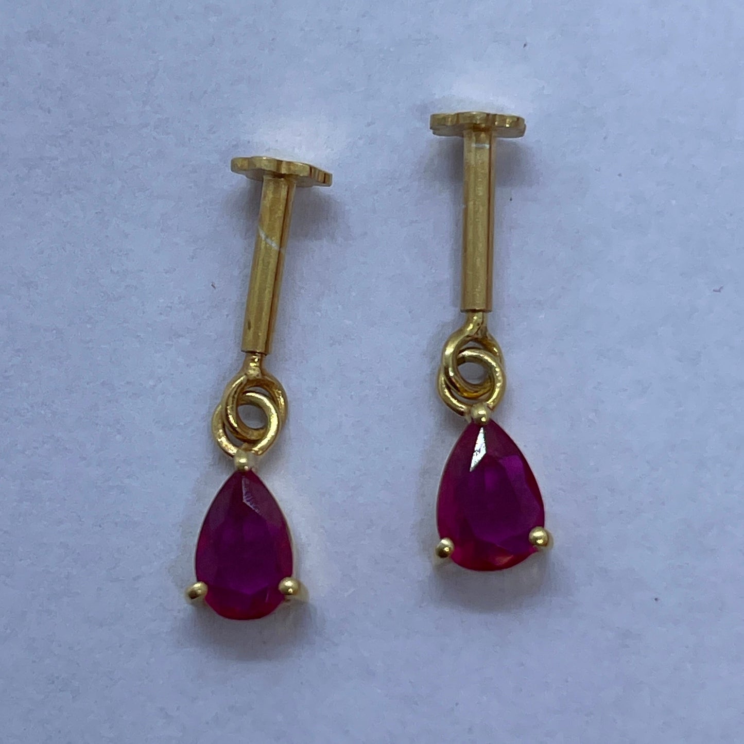 92.5 Silver Gold-Plated Bugadi for Women | Ruby Red Teardrop CZ Dangle on Bar Stud | Helix Earring pair