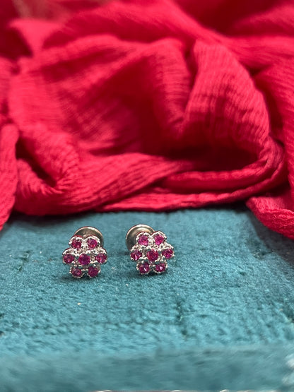 92.5 Silver Ruby Flower Studs Pair
