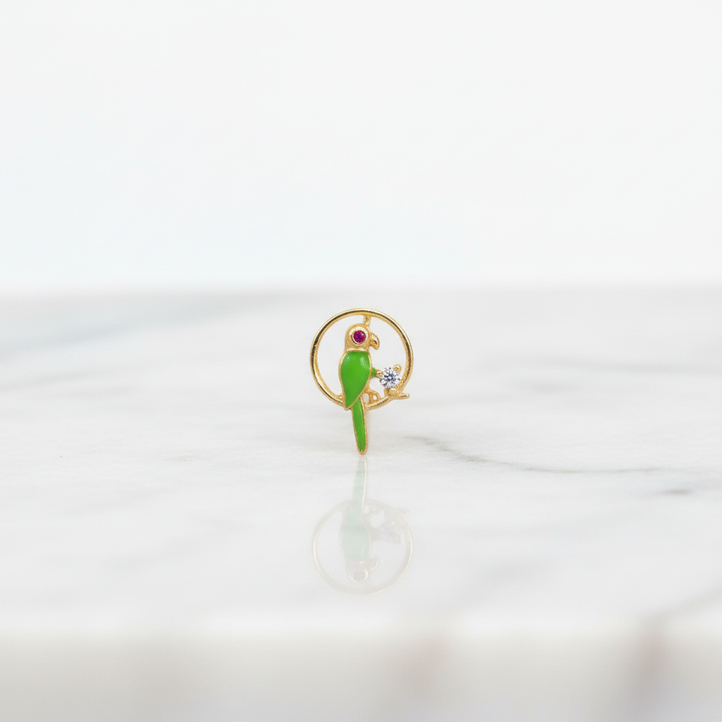 92.5 Sterling Silver Gold Plated Green Enamel Parrot Nose Pin