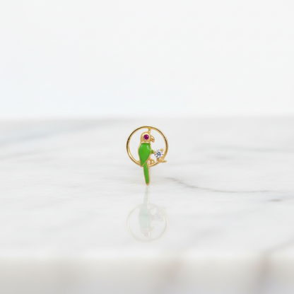 92.5 Sterling Silver Gold Plated Green Enamel Parrot Nose Pin