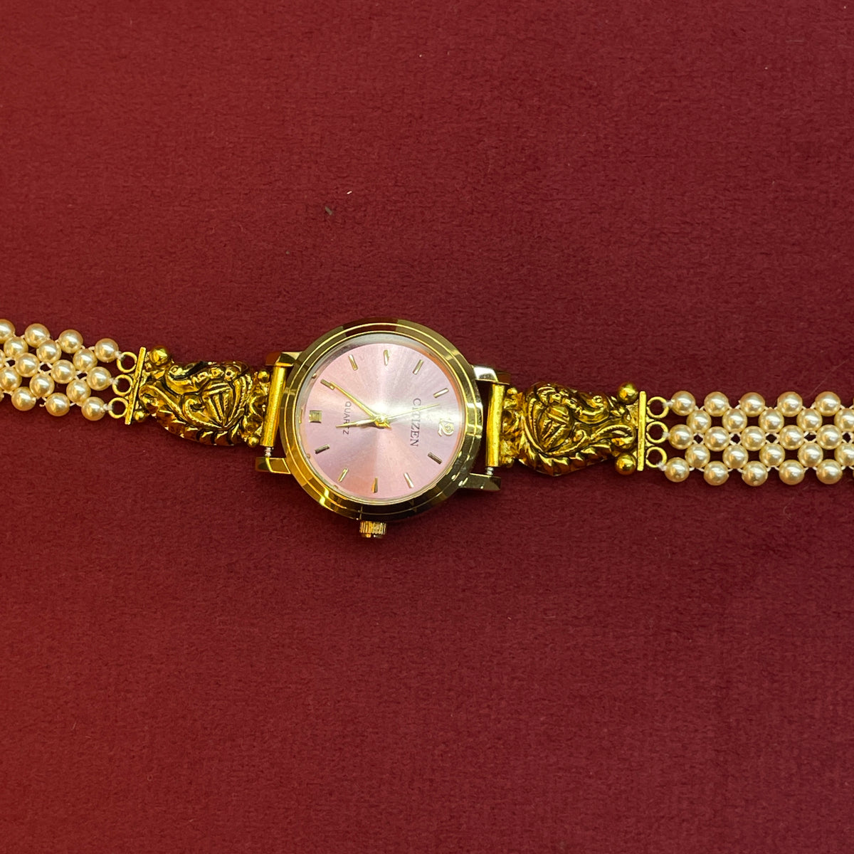 92.5 Silver Gold Plated Nakshi Pearl Watch for Women
