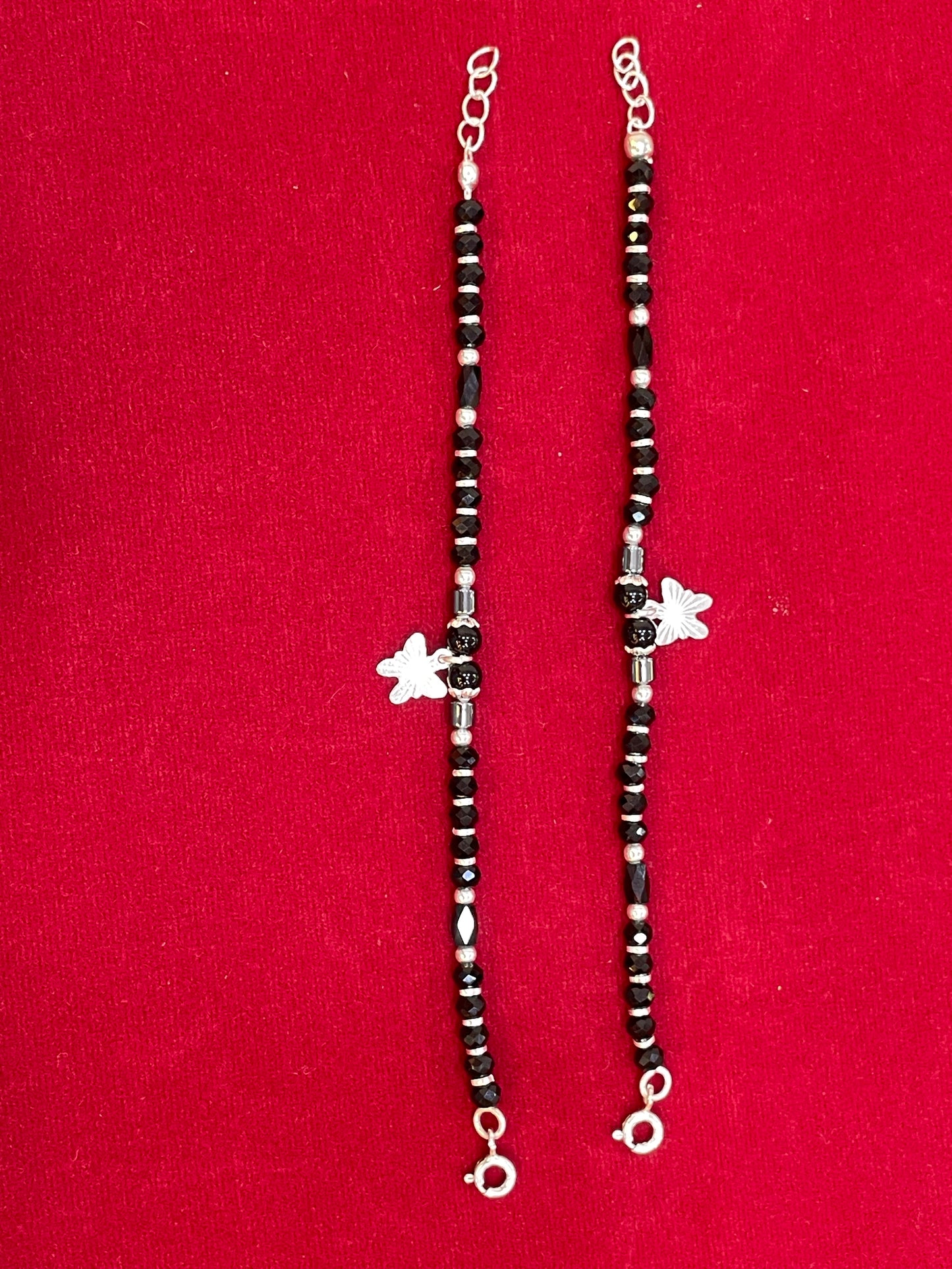 Silver Nazariya Black Bead Anklet for Kids | Set of 2 with Star Charm