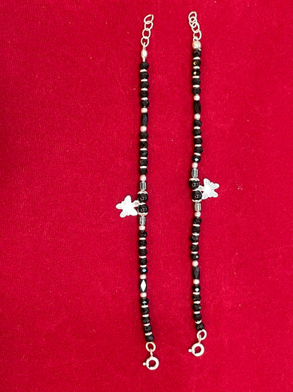 Silver Nazariya Black Bead Anklet for Kids | Set of 2 with Star Charm
