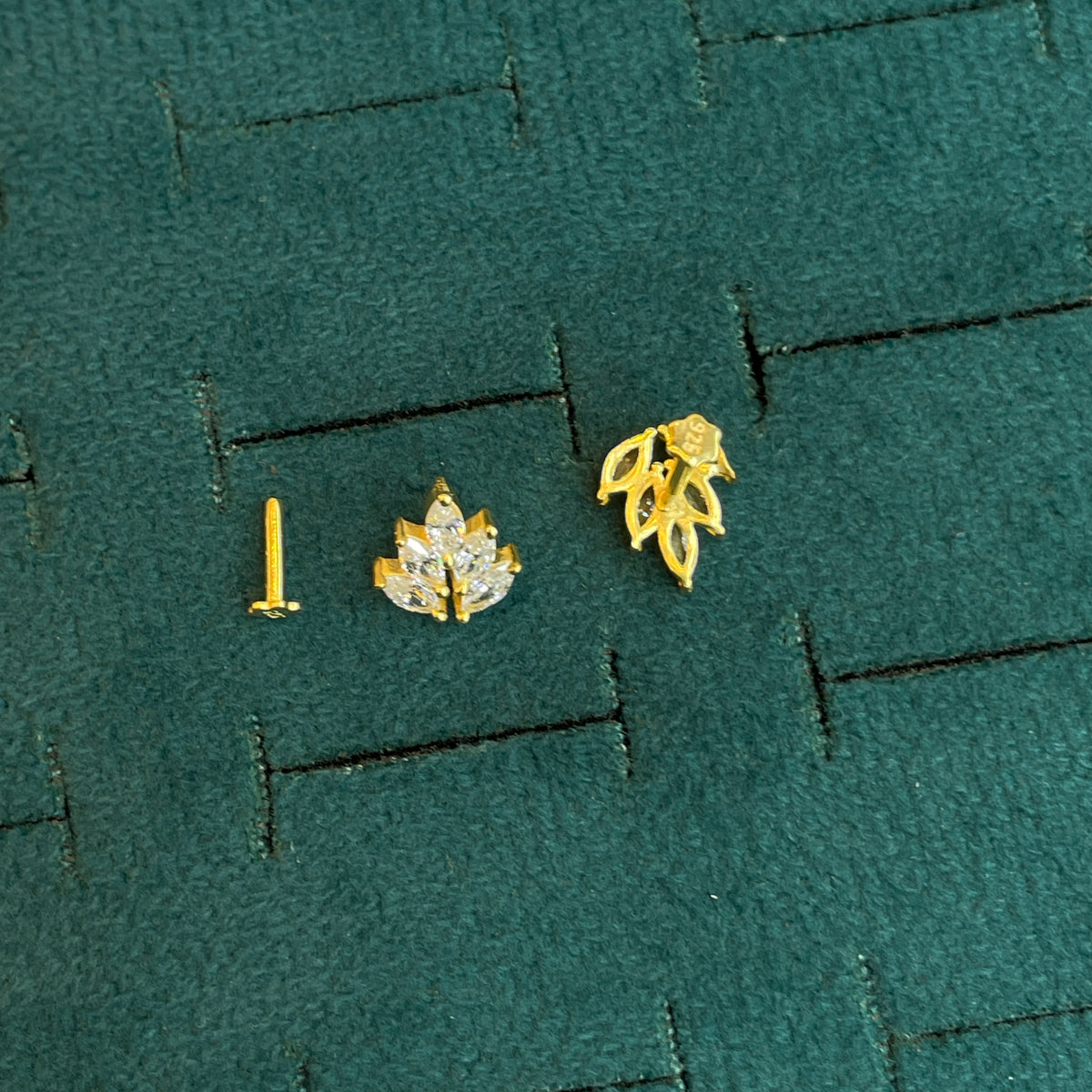 92.5 Silver Gold Plated White CZ Leaf Stud Earrings Pair