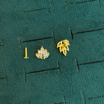 92.5 Silver Gold Plated White CZ Leaf Stud Earrings Pair