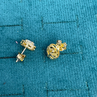 92.5 Sterling Silver Gold Plated Oval White CZ Solitaire & Pave Halo Stud Earrings for Women