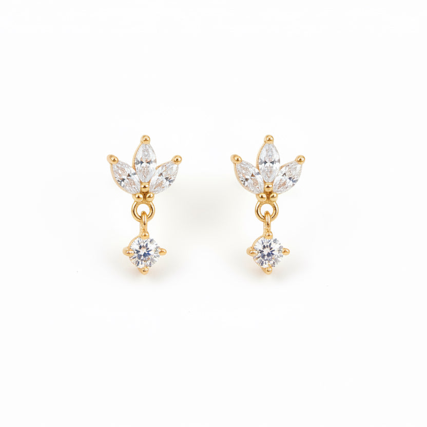 92.5 Sterling Silver Gold Plated Marquise CZ Lotus Drop Studs