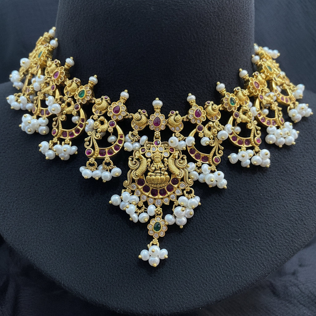 Gold necklace with pearls on a pink fabric background