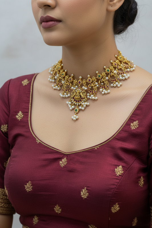 92.5 Silver Gold Plated Lakshmi Devi Necklace for Women | Divine Traditional Design | Temple Jewellery